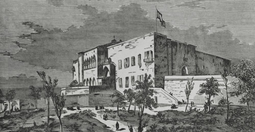 Palma, Mallorca, Balearic Islands, Spain. View of the Alcazar. Engraving. Cronica General de