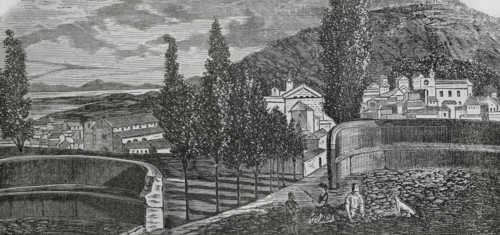 Pollensa (Pollenca), Mallorca, Balearic Islands, Spain. View of the town. Engraving. Cronica
