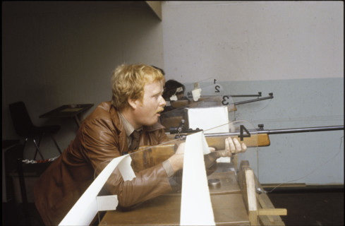 Hans Jucker shooting with small-bore rifle.