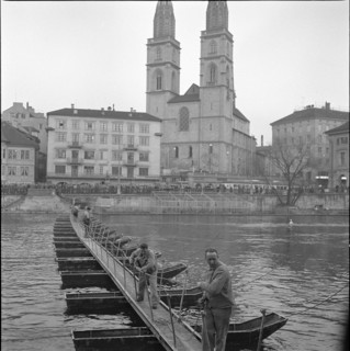 Pontooneers building rapid gangplank across Limmat, Zurich 1959.