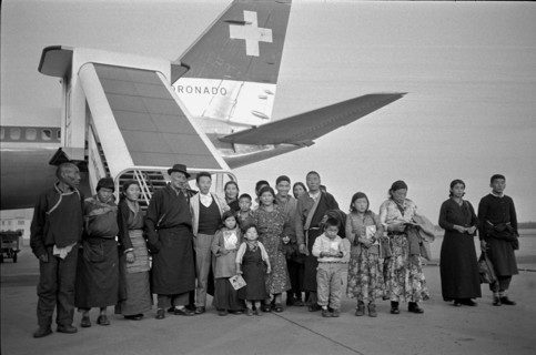 Tibetan refugees arriving at Zurich airport 1963.