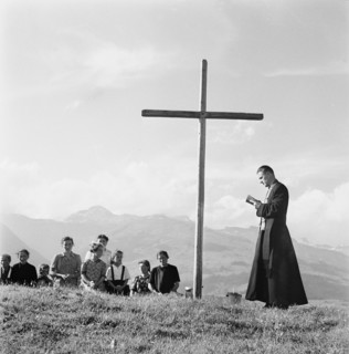 Blessing of the Alpine pastures in Obersaxen, circa in 1950.