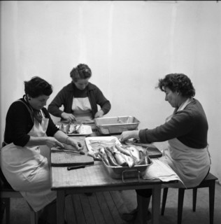Preparing whitefish at the Lake Constance, 1957.