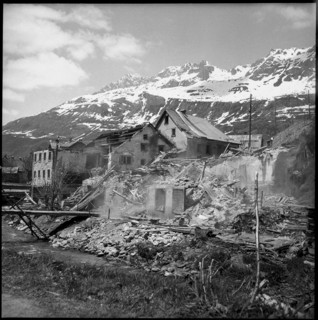 Avalanche in Andermatt; damaged buildings after thaw; 1951.