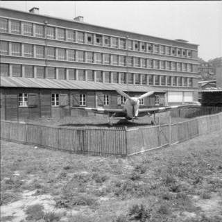 Old fighter aircraft as gift for trade school Lausanne 1959.