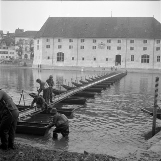 Pontooneers building gangplank across Aare at Solothurn 1959.