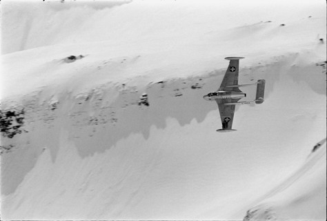 Venom military jet at firing range Axalp 1965.