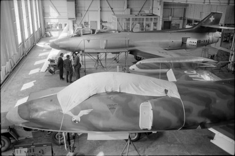 Swiss military jet P16 in hangar of FFA, Altenrhein 1955.