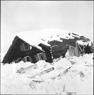 St. Antonien, farmstead destroyed by avalanche; 1954.