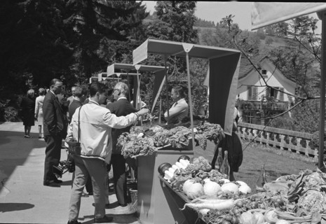 People examining and buying vegetables, 1968.