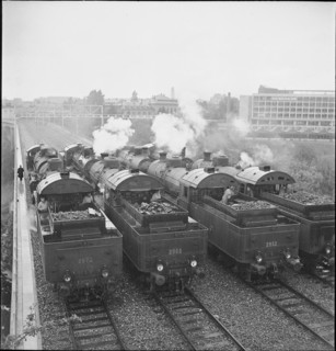 Steam locomotives on railway bridge, Berne 1939.