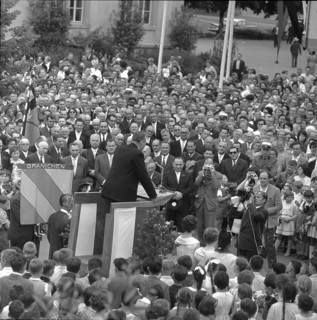 Granichen, Hans Schaffner, newly elected Federal Councillor giving an address; 1961.