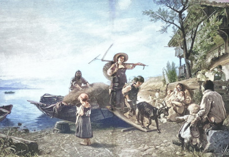 Returning from the hay harvest by boat