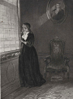 Weeping woman looking through a gap in the curtain
