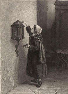 Girl putting money into the collection box in a church