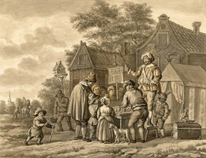 Quack doctor selling miracle cures to the village population