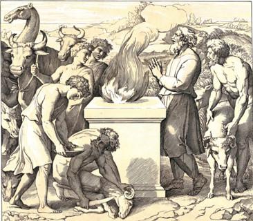 Noah burns sacrifices on an altar after the end of the Flood