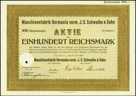 Share of 100 Reichsmarks of the Maschinenfabrik Germania
