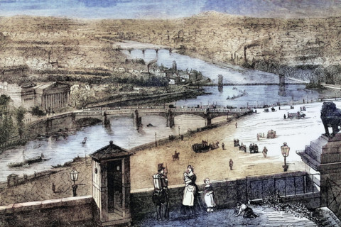 view of the Seine as it flows through Paris. France. 1810. digital reproduction of a historical