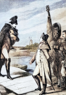 Napoleon I of France and Tsar Alexander I of Russia meet on July 7. 1807. on a raft in the middle