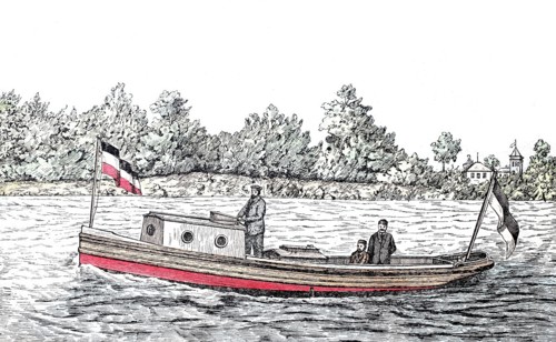Motorboat powered by a petroleum engine.