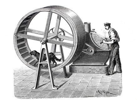 Dog driving a grindstone wheel.