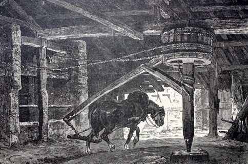 Mine horse turning the treadmill in a mining operation.