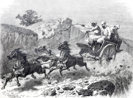 An express mail coach in the East Indies in 1870 at full speed.