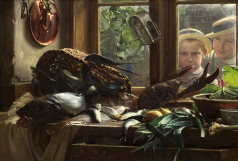 Kitchen table with fish and seafood
