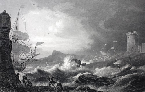 Harbor entrance in stormy sea.