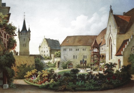 Castle courtyard of Veste Coburg in 1864. Coburg. Upper Franconia. Bavaria. Germany. Historical.
