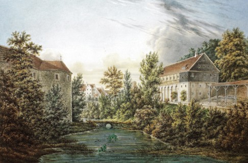 Ehrenburg Castle. ballroom and moat in 1820. Coburg. Upper Franconia. Bavaria. Germany. Historical.