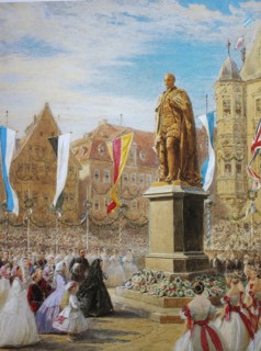 Queen Victoria laying a wreath before the statue of the Prince Consort. 26 August 1845. Coburg.