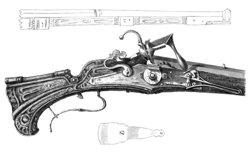 Rifle. wheel. and matchlock in combination. around 1620. from the book The British Army. 1868.