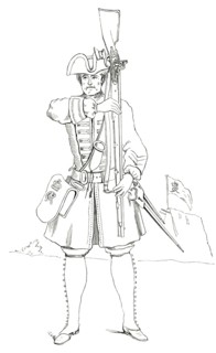 Foot soldier with weapons. England. 1745. from the book The British Army. 1868. Historical.