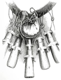 18th-century weapon technology. bandoleers showing the arrangement of the cords. rings. bullet