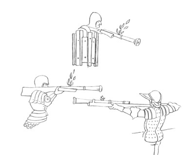 Early firearms around 1472. from the book The British Army. 1868. Historical. digitally restored