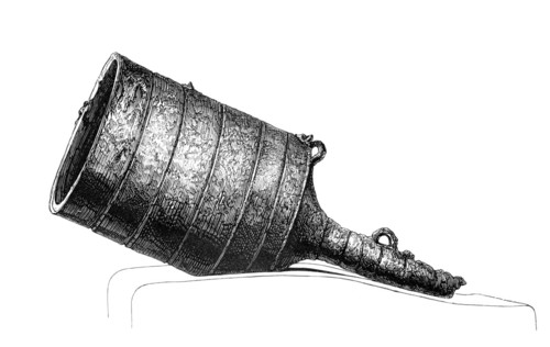 Wrought iron bombard. Large-caliber. medieval muzzle-loading cannon or mortar. From the book *The