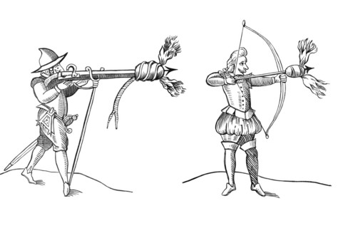 Fireworks by Gonnes and Bowes. Firing fireworks or incendiary bombs with a rifle and a bow. 1643.