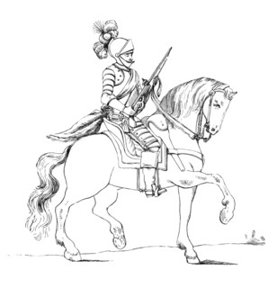 A 17th-century cuirassier during a pistol drill. England. from the book The British Army. 1868.