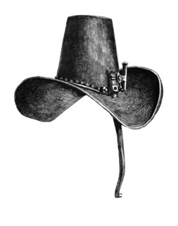 A 17th-century iron hat with a nose guard. worn by Charles I. from the book *The British Army*.