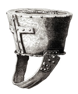 Helmet. from Pomeroy Castle. England. from the 12th century. from the book The British Army. 1868.