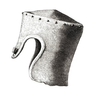 Cylindrical helmet with a flat top and nose from the thirteenth century. excavated at Montgomery