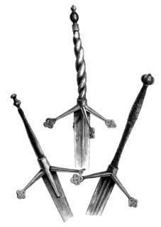 Claymores or late medieval Scottish two-handed long swords. in Warwick Castle. England. from the