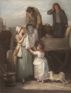 Freshly harvested peas are sold from a cart and filled into a cloth. woman with child as customer.