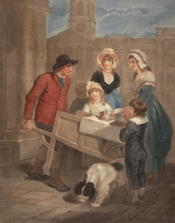Hot gingerbread is sold by a baker directly from his cart. Two women and two children sample the