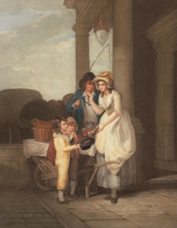 Young woman selling fresh cherries to children and a coachman. fruit seller. market. England.