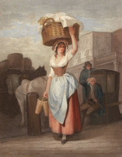 Young woman. trader with a large basket on her head. on her way to the market. England. around 1790
