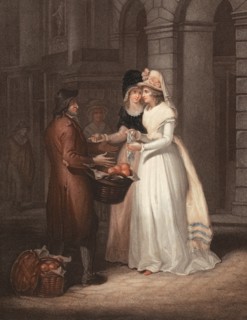 An orange seller offers his fruit to two elegant young ladies. England. around 1790. painting by