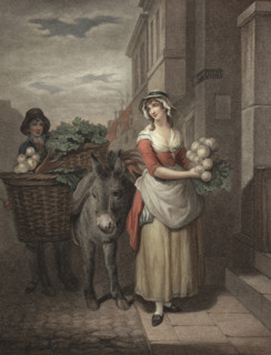 Young woman. a greengrocer with turnips and carrots in a basket on a pack donkey. goes from house